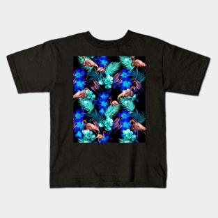 Flamingo Palm, Blue Flowers, Black Kids T-Shirt